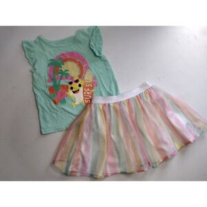 Pinkfong Baby Shark Girls 2pc Outfit Set Mint Green Tee Rainbow Tulle Skirt 3T